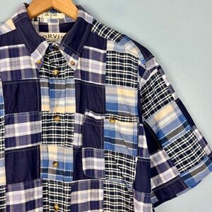 Orvis Men's Medium Blue Patchwork Madras Plaid Short Sleeve Button Down Shirt